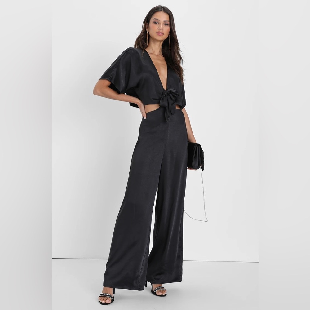 Lulus Flirt For Fun Black Tie-Front Two-Piece Wide-Leg Jumpsuit - Large